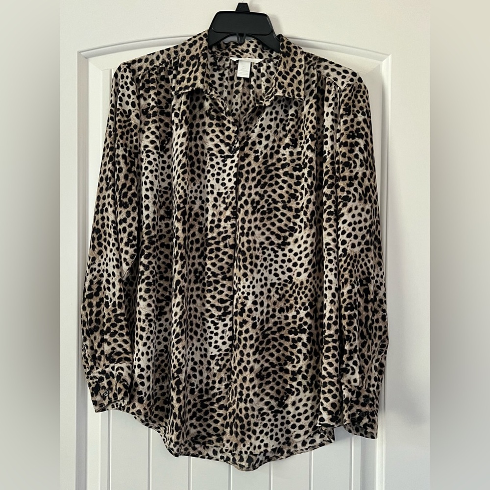 Women’s Size‎ Large Leopard Print Shear Button Down Shirt Top Puff Sleeve H&M